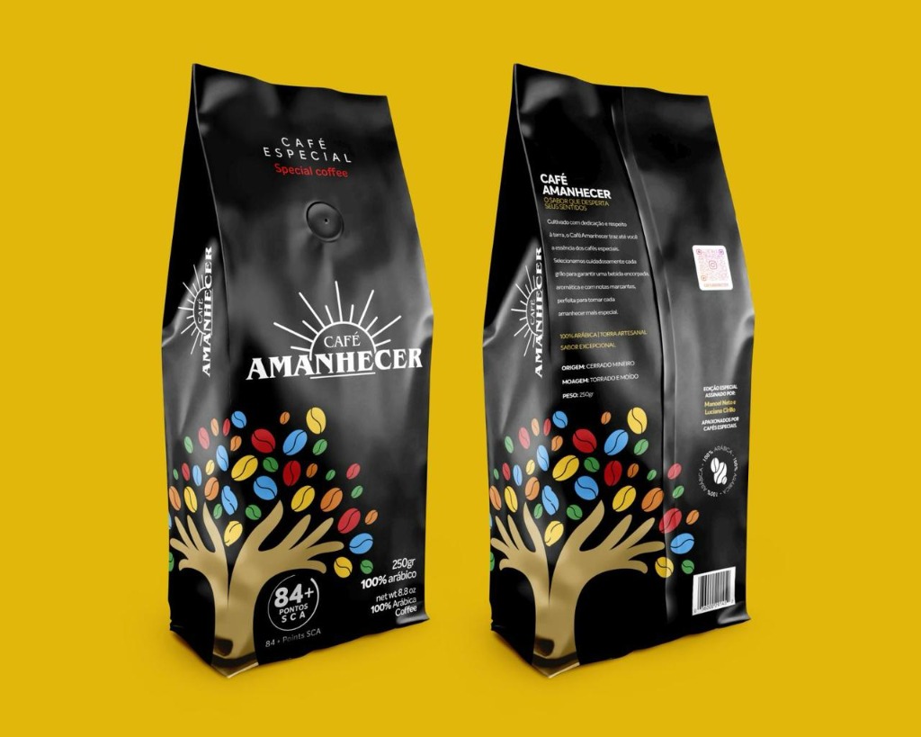 Embalagem Café Amanhecer 250g em Preto Fosco com Árvore de Grãos Coloridos