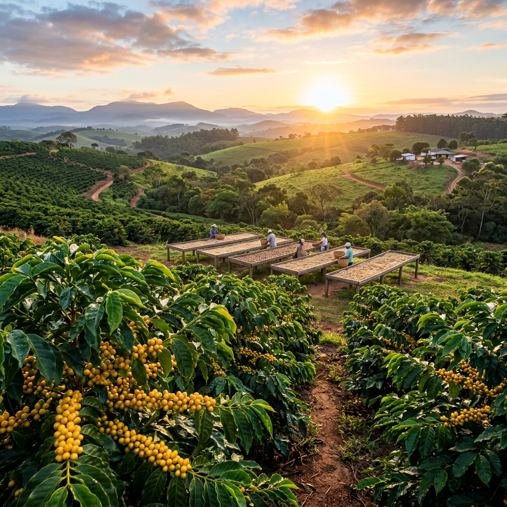 Fotografia do Sítio Aroeira em Marília com frutos de café Arara Amarelo