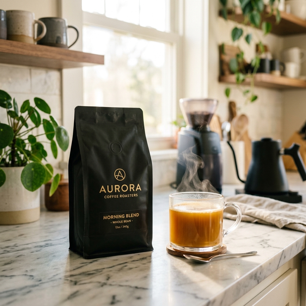Foto real de cliente na cozinha com pacote de Café Amanhecer